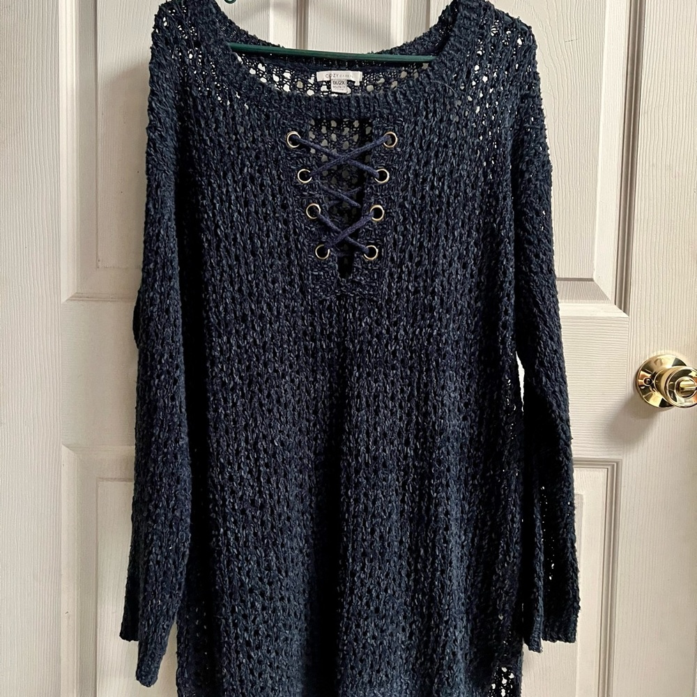 Lace-Up Open Knit Scoop Neck Sweater - Navy